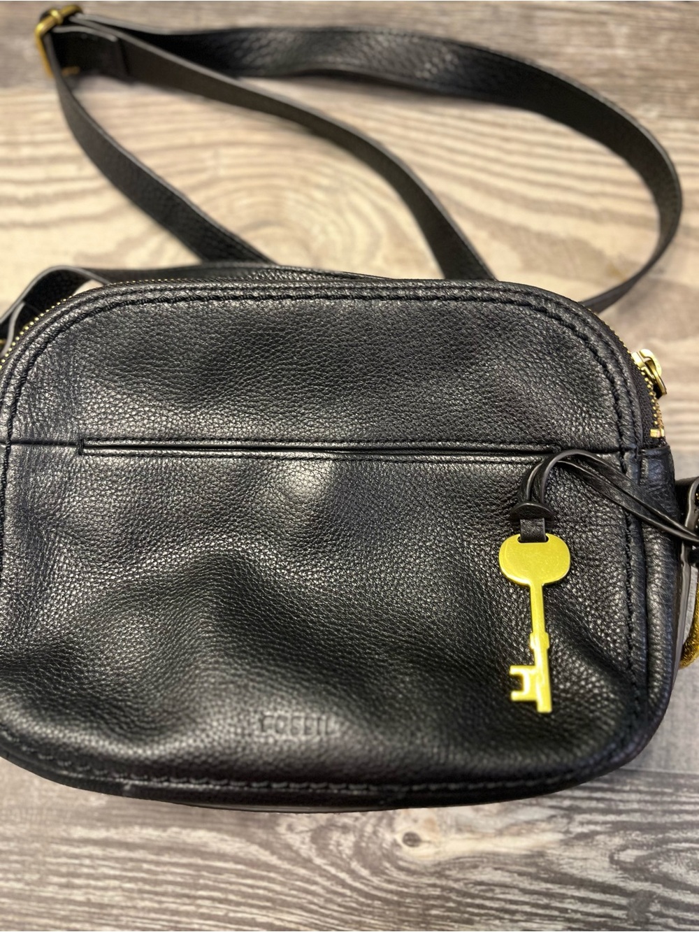 Fossil Black Leather Crossbody with Yellow Key Charm